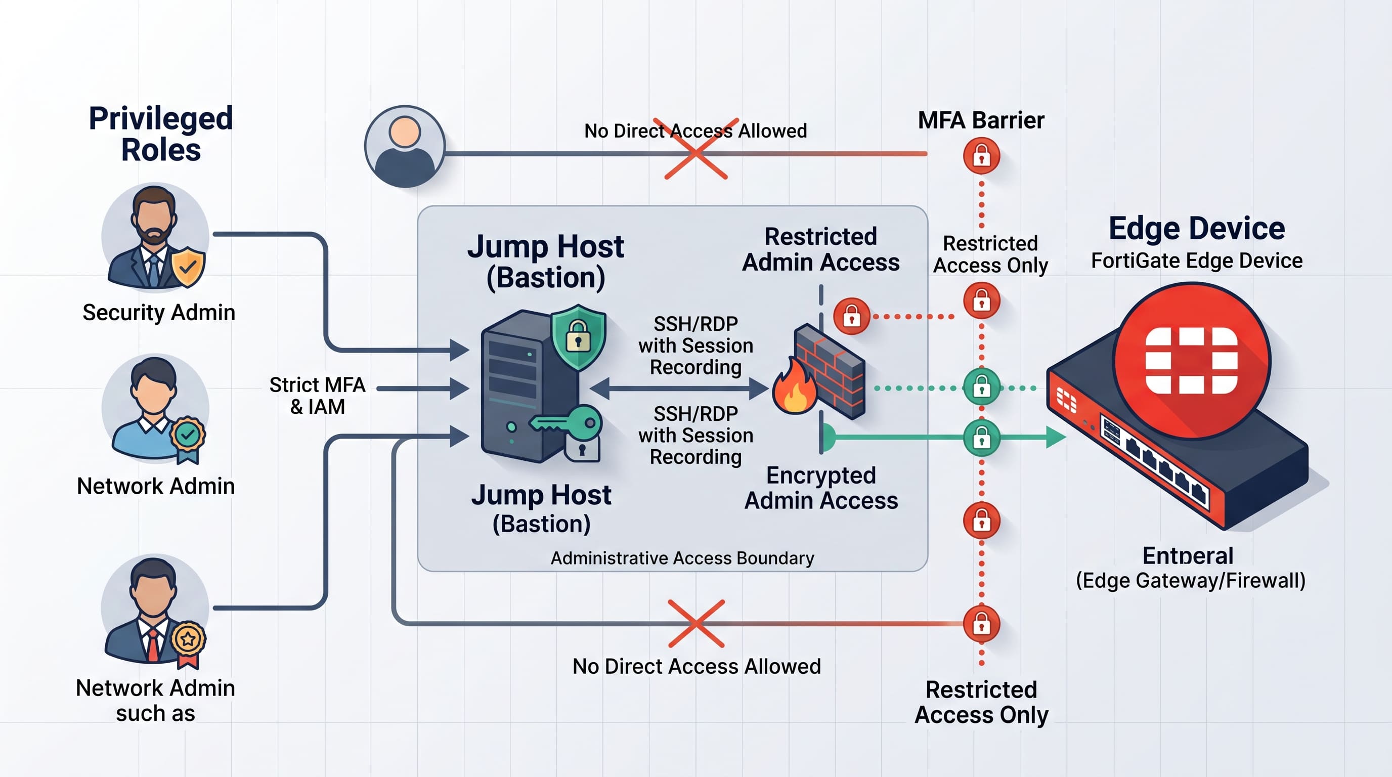 A network diagram showing restricted admin access around an edge device